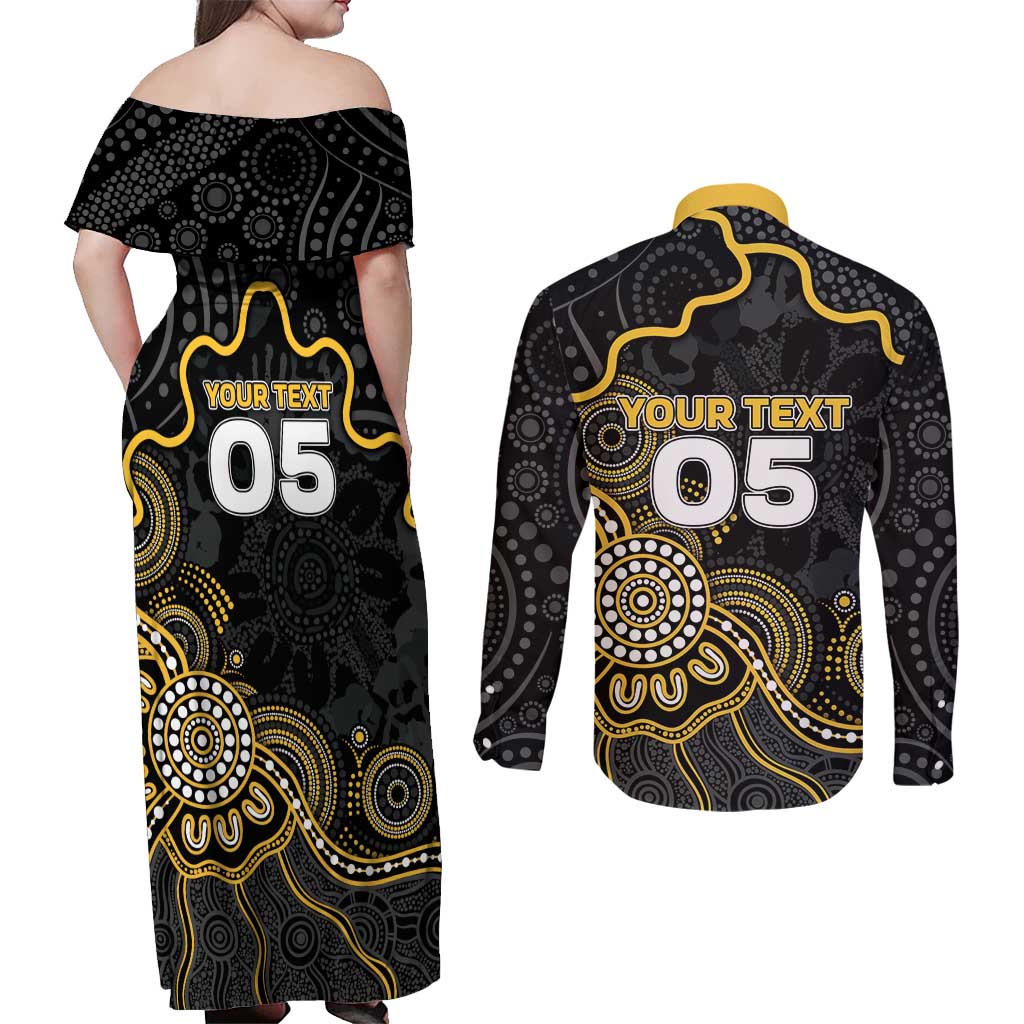 Custom Richmond Football Couples Matching Off Shoulder Maxi Dress and Long Sleeve Button Shirt Aboriginal Dot Art Pattern