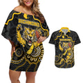Custom Richmond Football Couples Matching Off Shoulder Short Dress and Hawaiian Shirt Aboriginal Dot Art Pattern