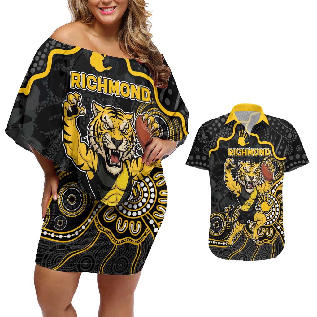 Custom Richmond Football Couples Matching Off Shoulder Short Dress and Hawaiian Shirt Aboriginal Dot Art Pattern