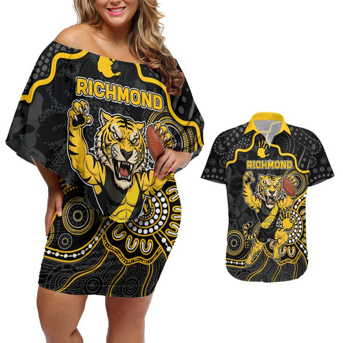 Custom Richmond Football Couples Matching Off Shoulder Short Dress and Hawaiian Shirt Aboriginal Dot Art Pattern