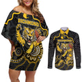 Custom Richmond Football Couples Matching Off Shoulder Short Dress and Long Sleeve Button Shirt Aboriginal Dot Art Pattern