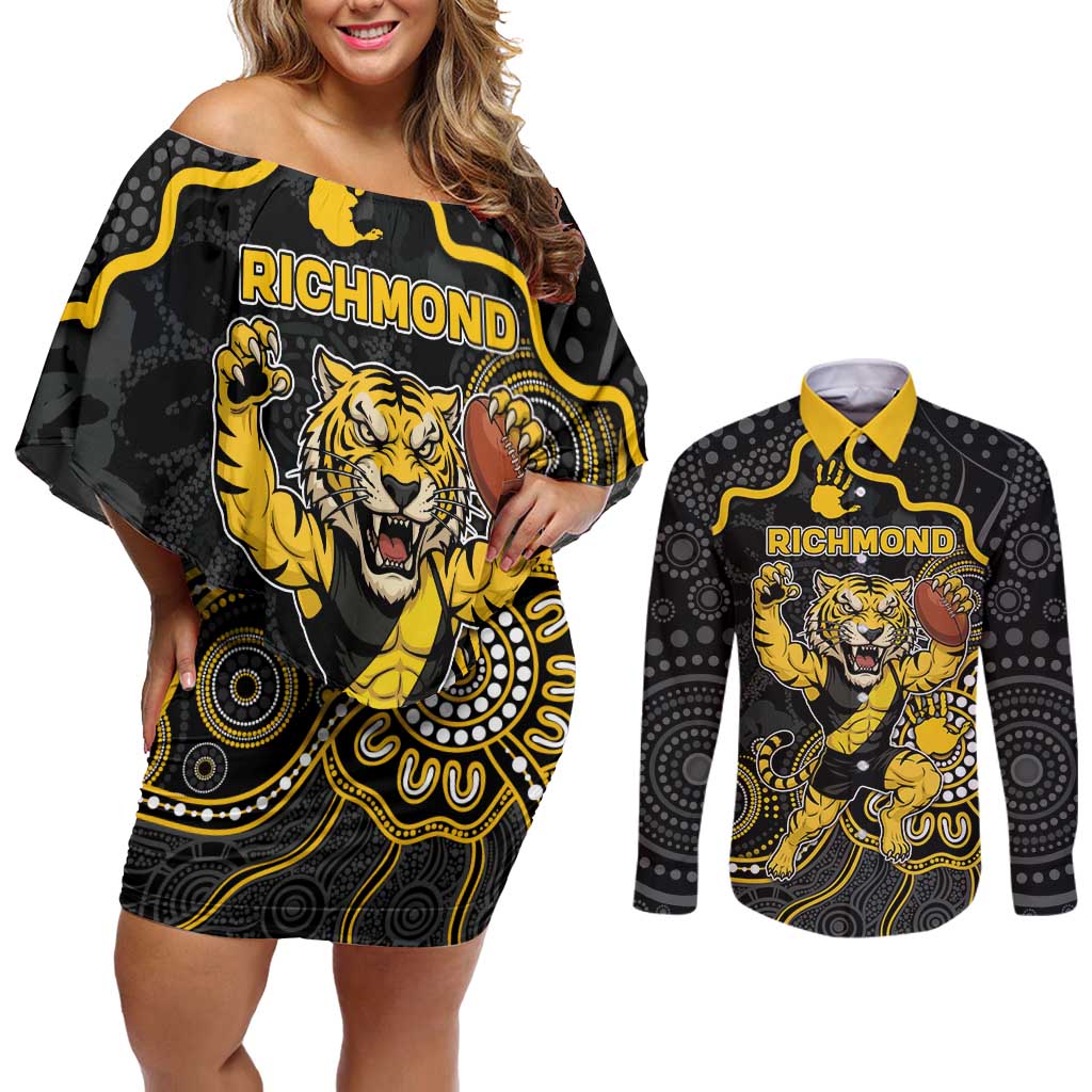 Custom Richmond Football Couples Matching Off Shoulder Short Dress and Long Sleeve Button Shirt Aboriginal Dot Art Pattern