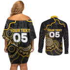 Custom Richmond Football Couples Matching Off Shoulder Short Dress and Long Sleeve Button Shirt Aboriginal Dot Art Pattern