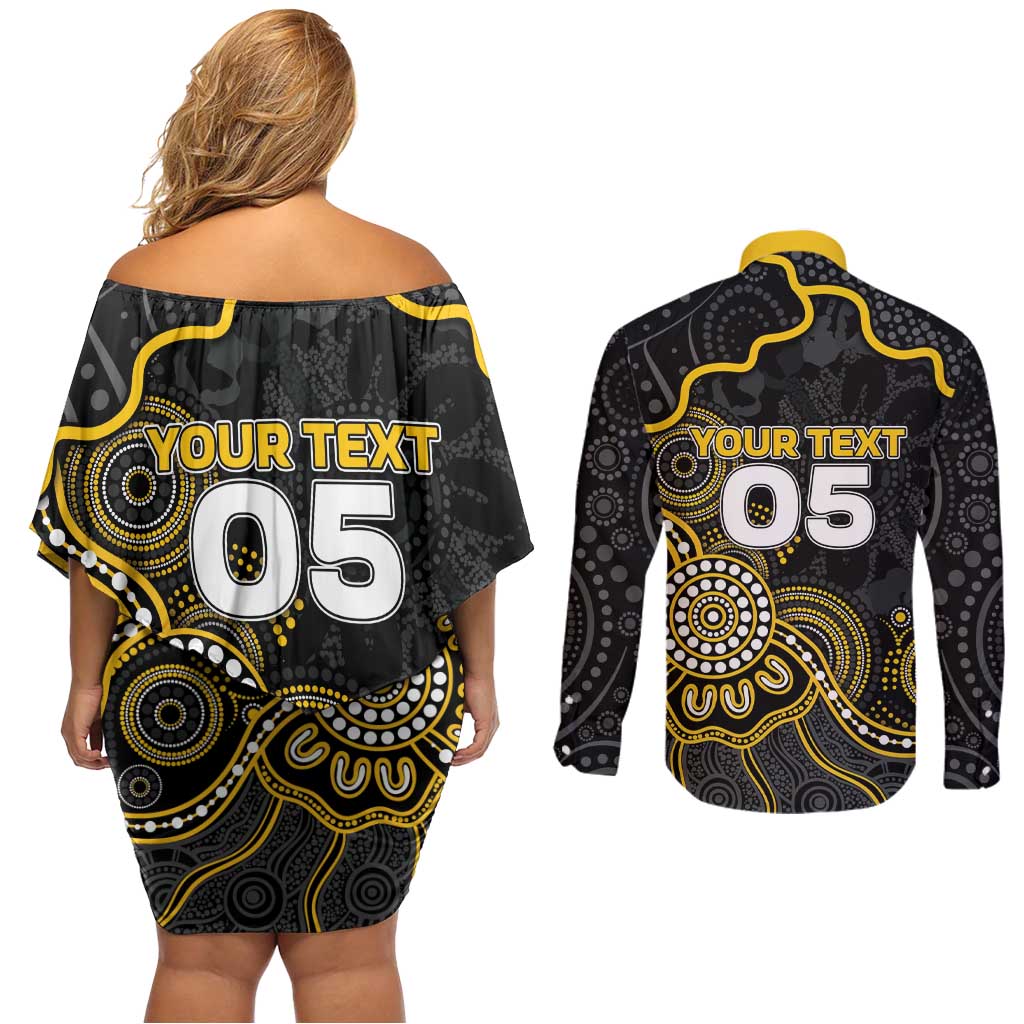 Custom Richmond Football Couples Matching Off Shoulder Short Dress and Long Sleeve Button Shirt Aboriginal Dot Art Pattern