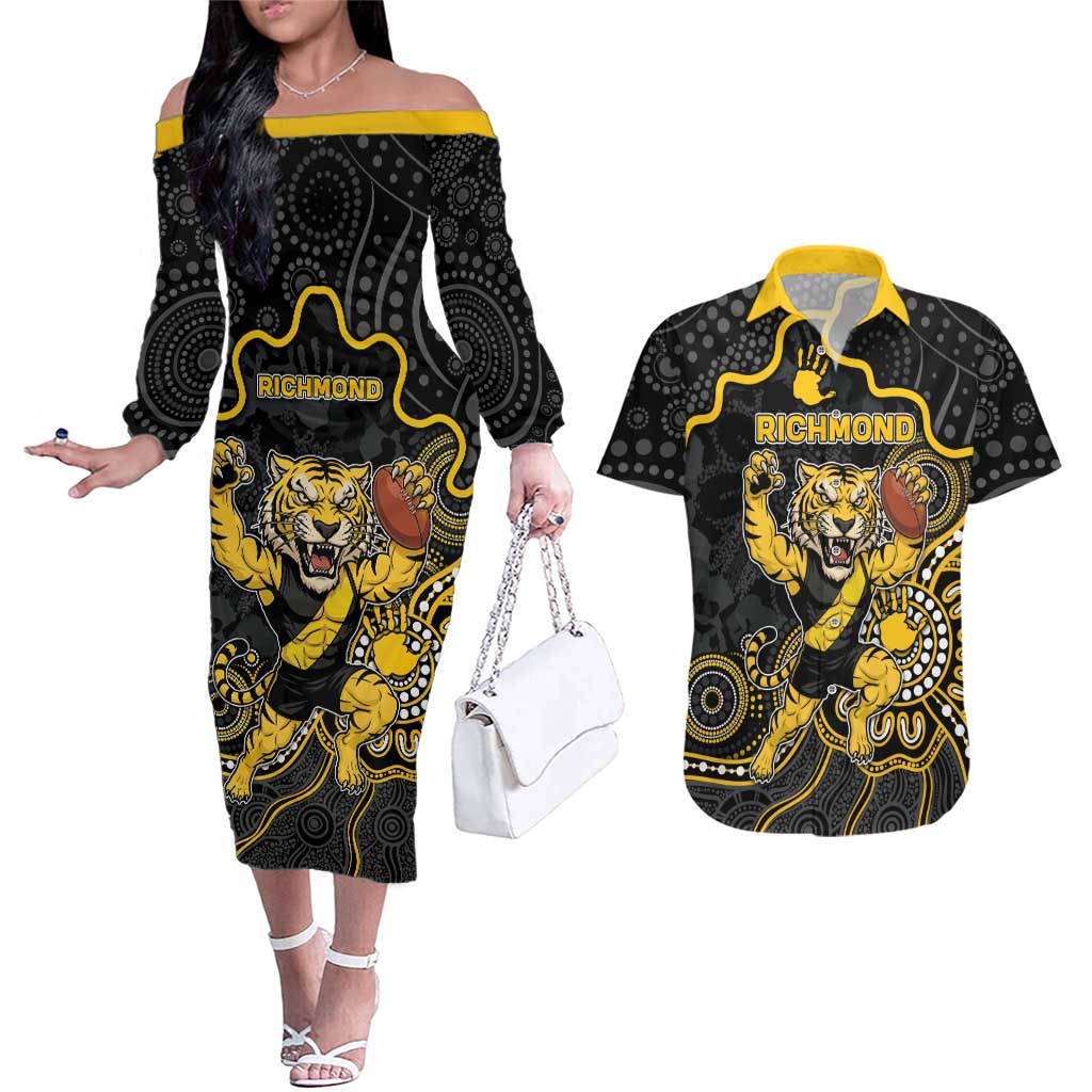 Custom Richmond Football Couples Matching Off The Shoulder Long Sleeve Dress and Hawaiian Shirt Aboriginal Dot Art Pattern