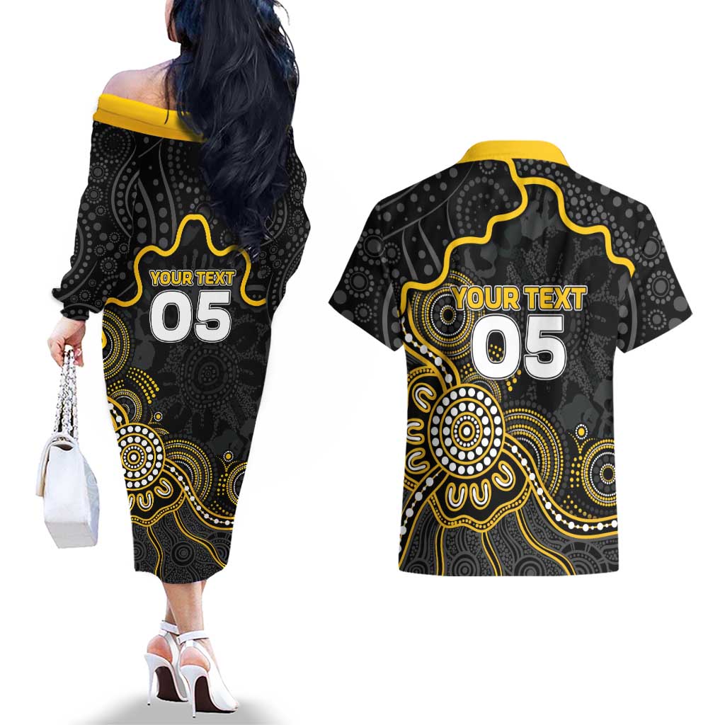Custom Richmond Football Couples Matching Off The Shoulder Long Sleeve Dress and Hawaiian Shirt Aboriginal Dot Art Pattern