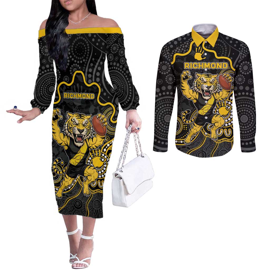 Custom Richmond Football Couples Matching Off The Shoulder Long Sleeve Dress and Long Sleeve Button Shirt Aboriginal Dot Art Pattern