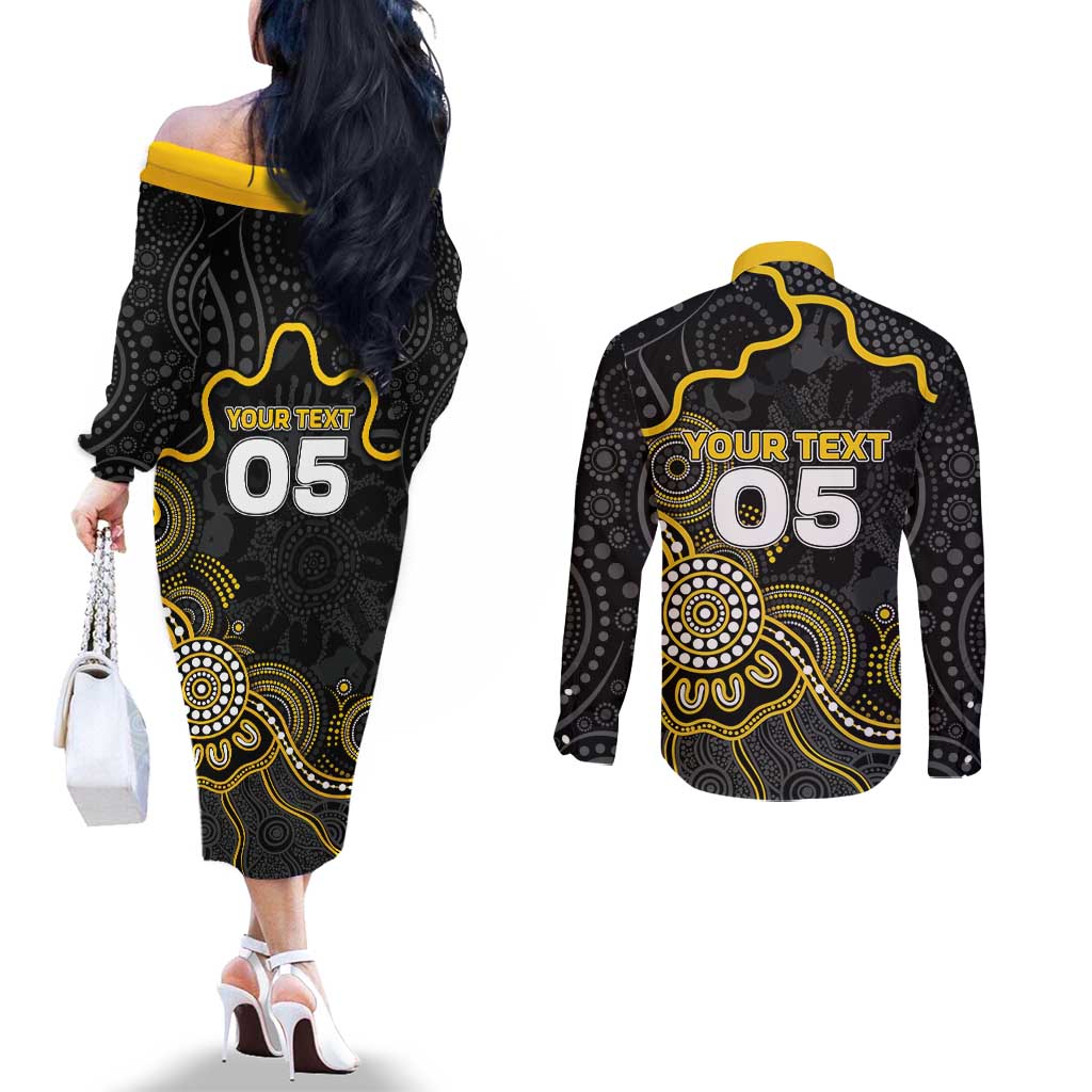 Custom Richmond Football Couples Matching Off The Shoulder Long Sleeve Dress and Long Sleeve Button Shirt Aboriginal Dot Art Pattern