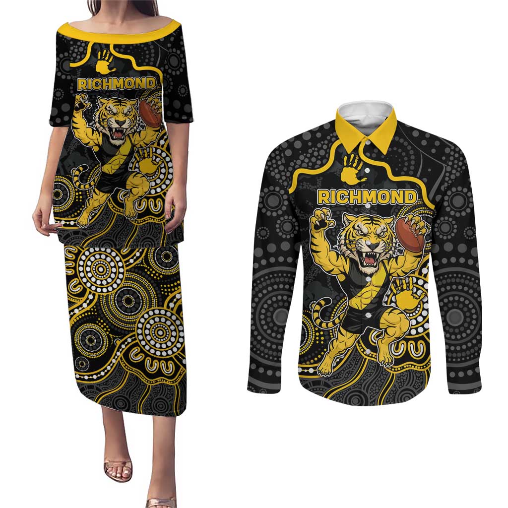 Custom Richmond Football Couples Matching Puletasi and Long Sleeve Button Shirt Aboriginal Dot Art Pattern