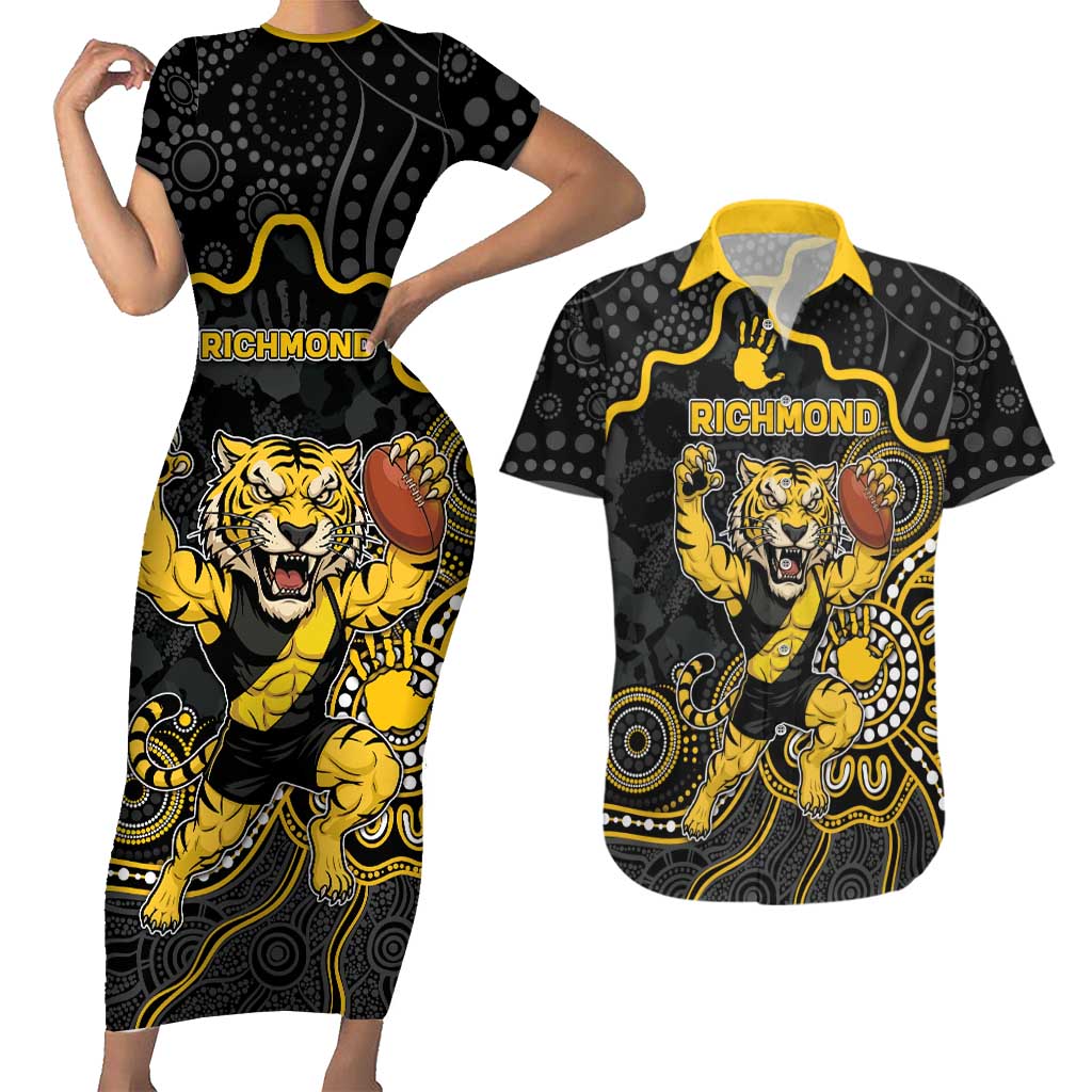 Custom Richmond Football Couples Matching Short Sleeve Bodycon Dress and Hawaiian Shirt Aboriginal Dot Art Pattern