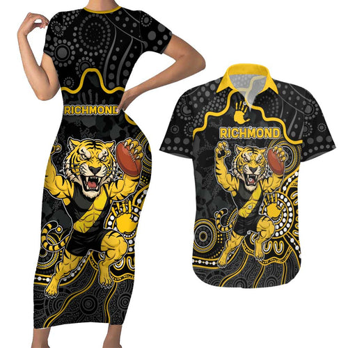 Custom Richmond Football Couples Matching Short Sleeve Bodycon Dress and Hawaiian Shirt Aboriginal Dot Art Pattern