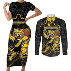 Custom Richmond Football Couples Matching Short Sleeve Bodycon Dress and Long Sleeve Button Shirt Aboriginal Dot Art Pattern