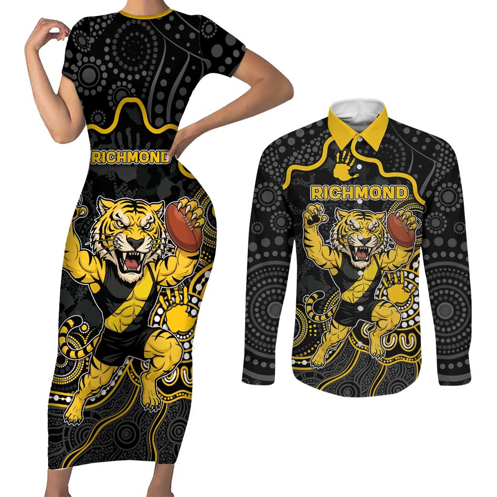 Custom Richmond Football Couples Matching Short Sleeve Bodycon Dress and Long Sleeve Button Shirt Aboriginal Dot Art Pattern