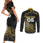 Custom Richmond Football Couples Matching Short Sleeve Bodycon Dress and Long Sleeve Button Shirt Aboriginal Dot Art Pattern