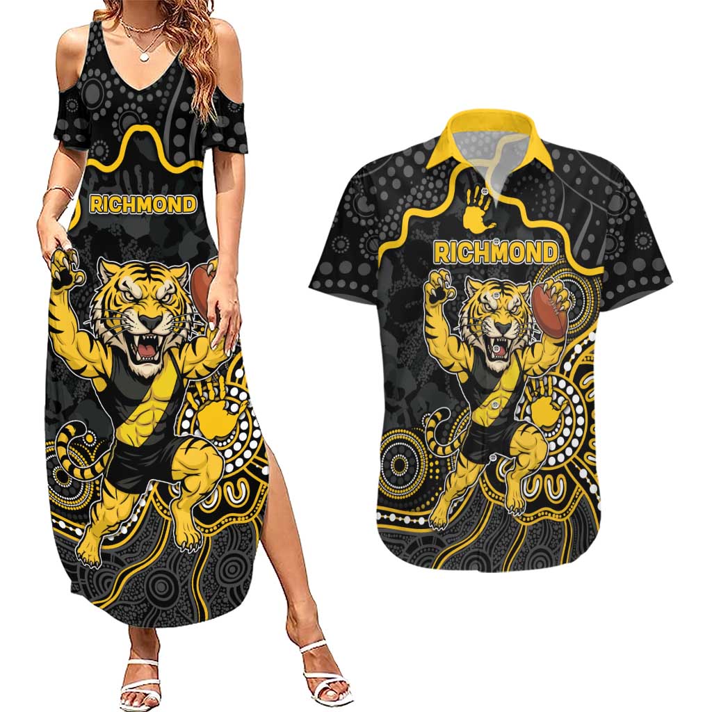 Custom Richmond Football Couples Matching Summer Maxi Dress and Hawaiian Shirt Aboriginal Dot Art Pattern