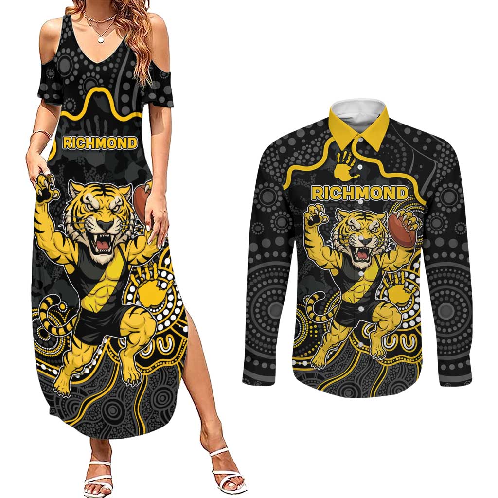 Custom Richmond Football Couples Matching Summer Maxi Dress and Long Sleeve Button Shirt Aboriginal Dot Art Pattern