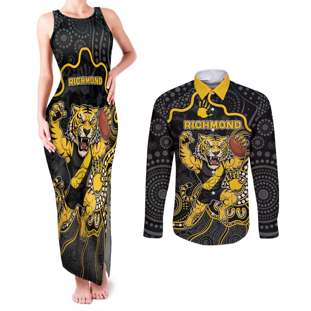 Custom Richmond Football Couples Matching Tank Maxi Dress and Long Sleeve Button Shirt Aboriginal Dot Art Pattern
