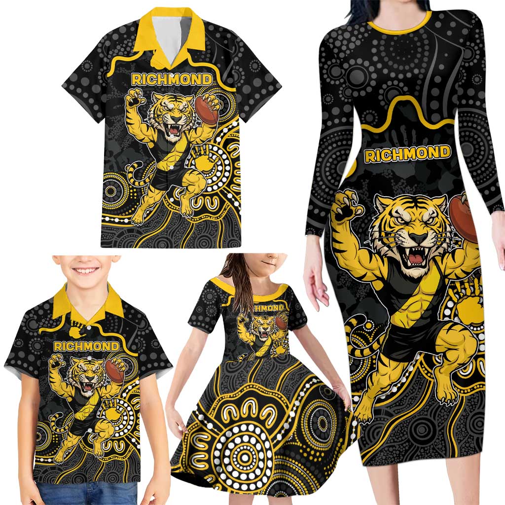 Custom Richmond Football Family Matching Long Sleeve Bodycon Dress and Hawaiian Shirt Aboriginal Dot Art Pattern