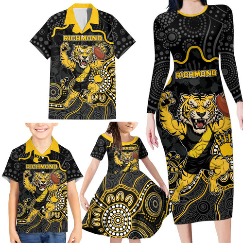 Custom Richmond Football Family Matching Long Sleeve Bodycon Dress and Hawaiian Shirt Aboriginal Dot Art Pattern
