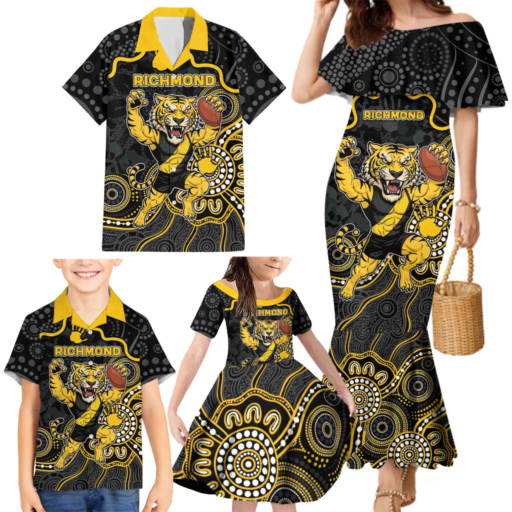 Custom Richmond Football Family Matching Mermaid Dress and Hawaiian Shirt Aboriginal Dot Art Pattern