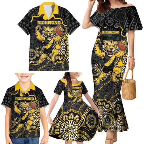 Custom Richmond Football Family Matching Mermaid Dress and Hawaiian Shirt Aboriginal Dot Art Pattern