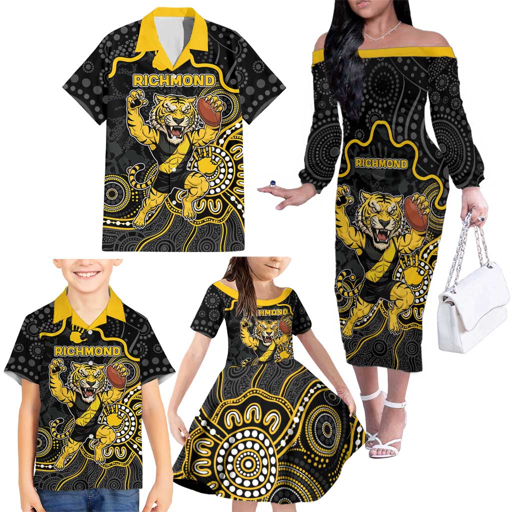 Custom Richmond Football Family Matching Off The Shoulder Long Sleeve Dress and Hawaiian Shirt Aboriginal Dot Art Pattern
