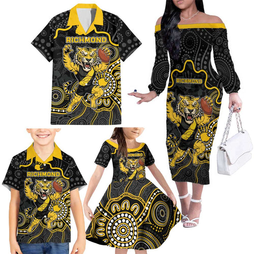 Custom Richmond Football Family Matching Off The Shoulder Long Sleeve Dress and Hawaiian Shirt Aboriginal Dot Art Pattern