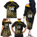 Custom Richmond Football Family Matching Off The Shoulder Long Sleeve Dress and Hawaiian Shirt Aboriginal Dot Art Pattern