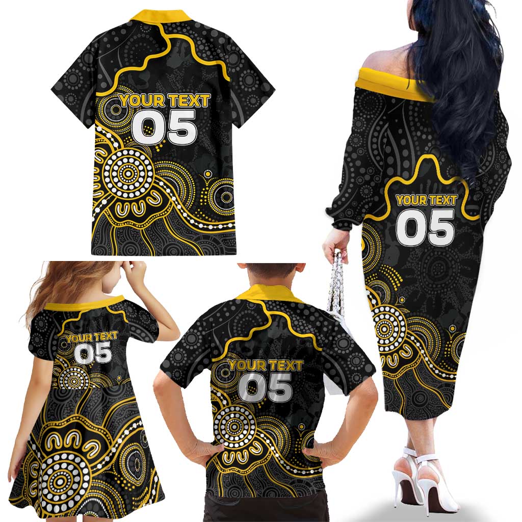 Custom Richmond Football Family Matching Off The Shoulder Long Sleeve Dress and Hawaiian Shirt Aboriginal Dot Art Pattern
