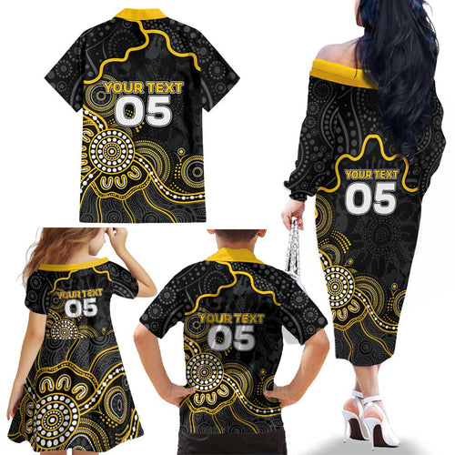 Custom Richmond Football Family Matching Off The Shoulder Long Sleeve Dress and Hawaiian Shirt Aboriginal Dot Art Pattern