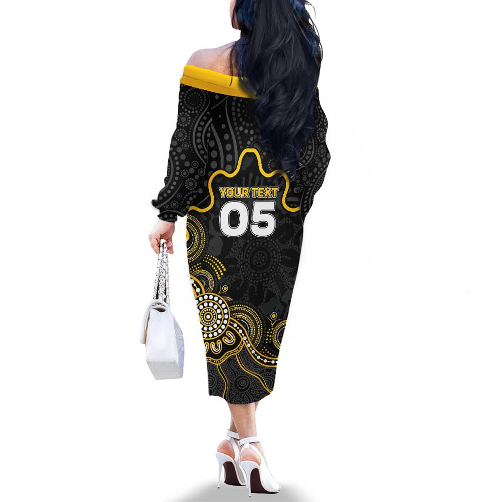 Custom Richmond Football Family Matching Off The Shoulder Long Sleeve Dress and Hawaiian Shirt Aboriginal Dot Art Pattern