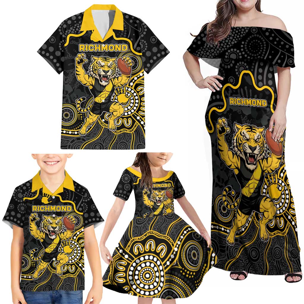 Custom Richmond Football Family Matching Off Shoulder Maxi Dress and Hawaiian Shirt Aboriginal Dot Art Pattern