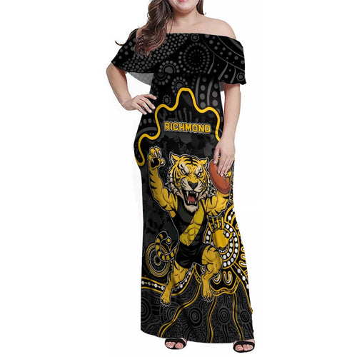 Custom Richmond Football Family Matching Off Shoulder Maxi Dress and Hawaiian Shirt Aboriginal Dot Art Pattern