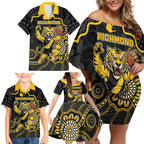 Custom Richmond Football Family Matching Off Shoulder Short Dress and Hawaiian Shirt Aboriginal Dot Art Pattern