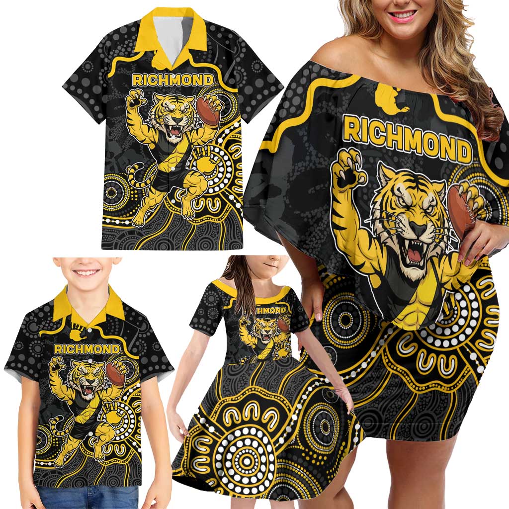 Custom Richmond Football Family Matching Off Shoulder Short Dress and Hawaiian Shirt Aboriginal Dot Art Pattern