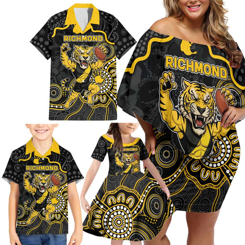 Custom Richmond Football Family Matching Off Shoulder Short Dress and Hawaiian Shirt Aboriginal Dot Art Pattern