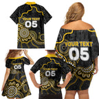 Custom Richmond Football Family Matching Off Shoulder Short Dress and Hawaiian Shirt Aboriginal Dot Art Pattern