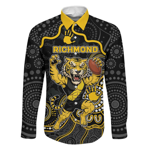 Custom Richmond Football Family Matching Off Shoulder Short Dress and Hawaiian Shirt Aboriginal Dot Art Pattern