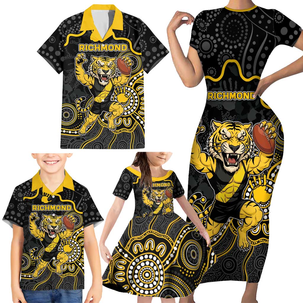 Custom Richmond Football Family Matching Short Sleeve Bodycon Dress and Hawaiian Shirt Aboriginal Dot Art Pattern