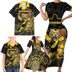 Custom Richmond Football Family Matching Short Sleeve Bodycon Dress and Hawaiian Shirt Aboriginal Dot Art Pattern