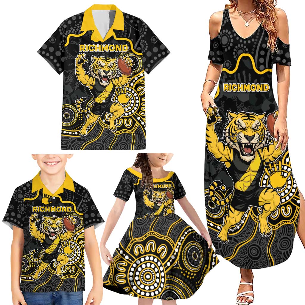 Custom Richmond Football Family Matching Summer Maxi Dress and Hawaiian Shirt Aboriginal Dot Art Pattern