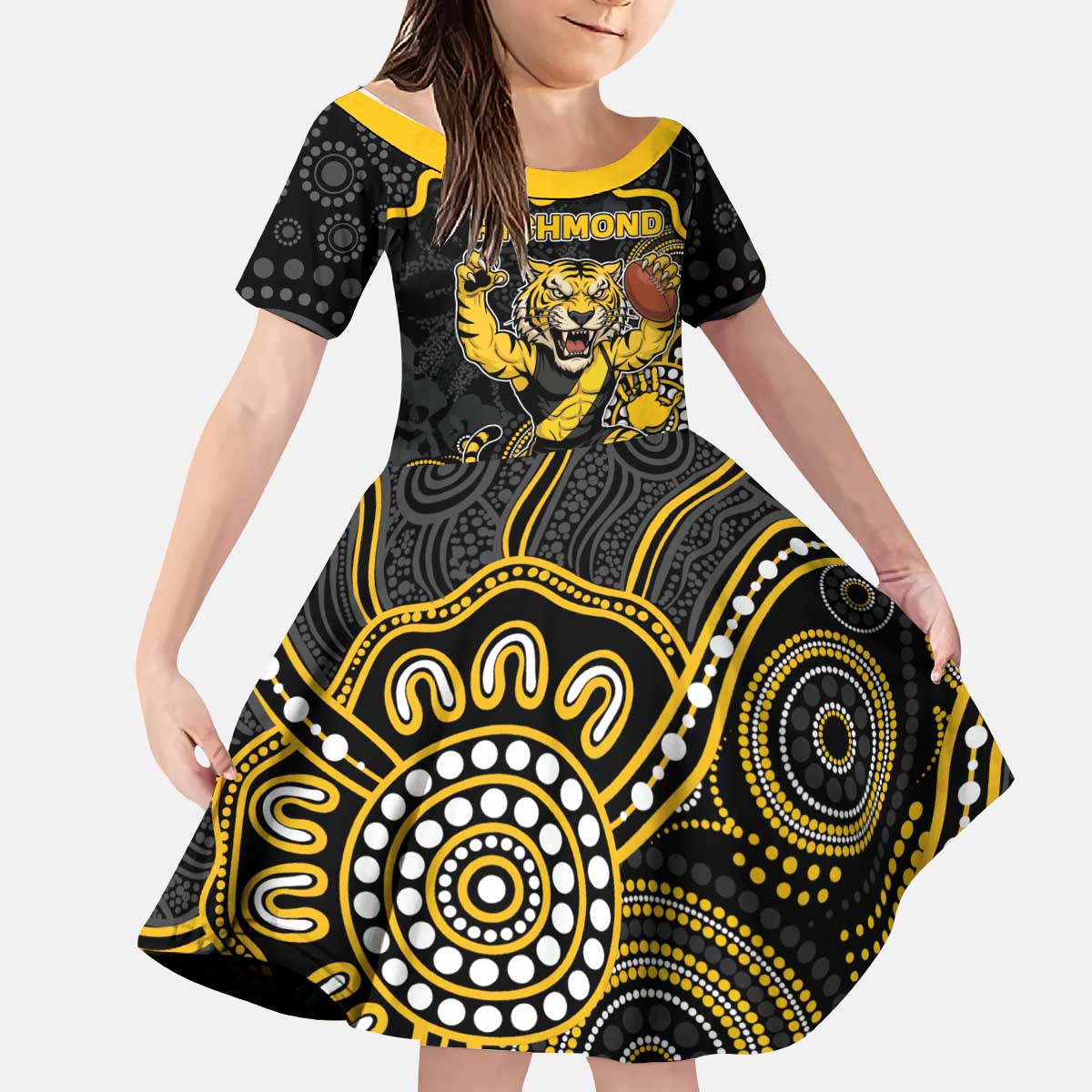Custom Richmond Football Kid Short Sleeve Dress Aboriginal Dot Art Pattern
