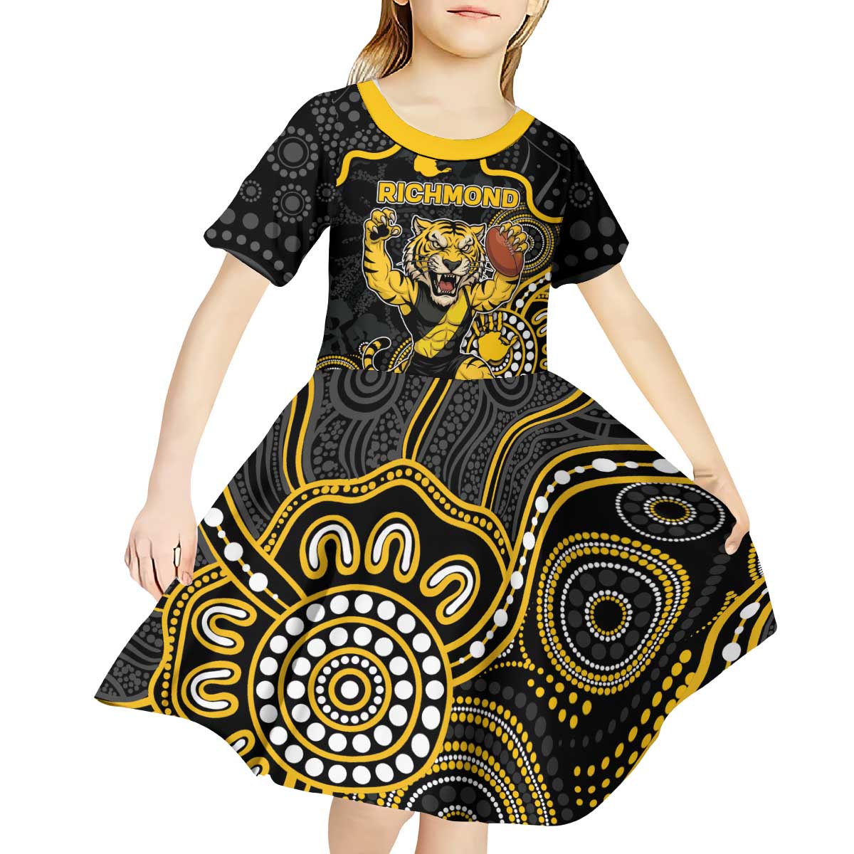 Custom Richmond Football Kid Short Sleeve Dress Aboriginal Dot Art Pattern