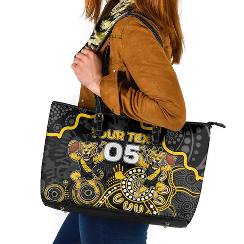 Custom Richmond Football Leather Tote Bag Aboriginal Dot Art Pattern