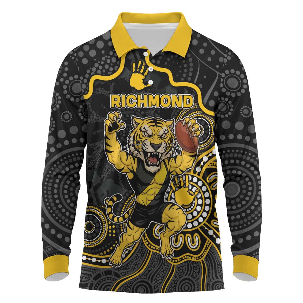 Custom Richmond Football Long Sleeve Polo Shirt Aboriginal Dot Art Pattern