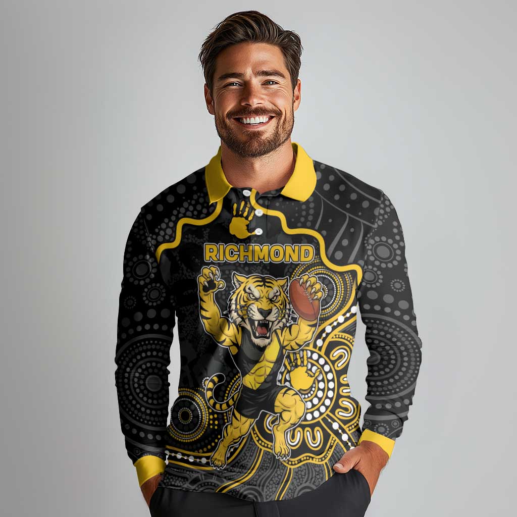 Custom Richmond Football Long Sleeve Polo Shirt Aboriginal Dot Art Pattern