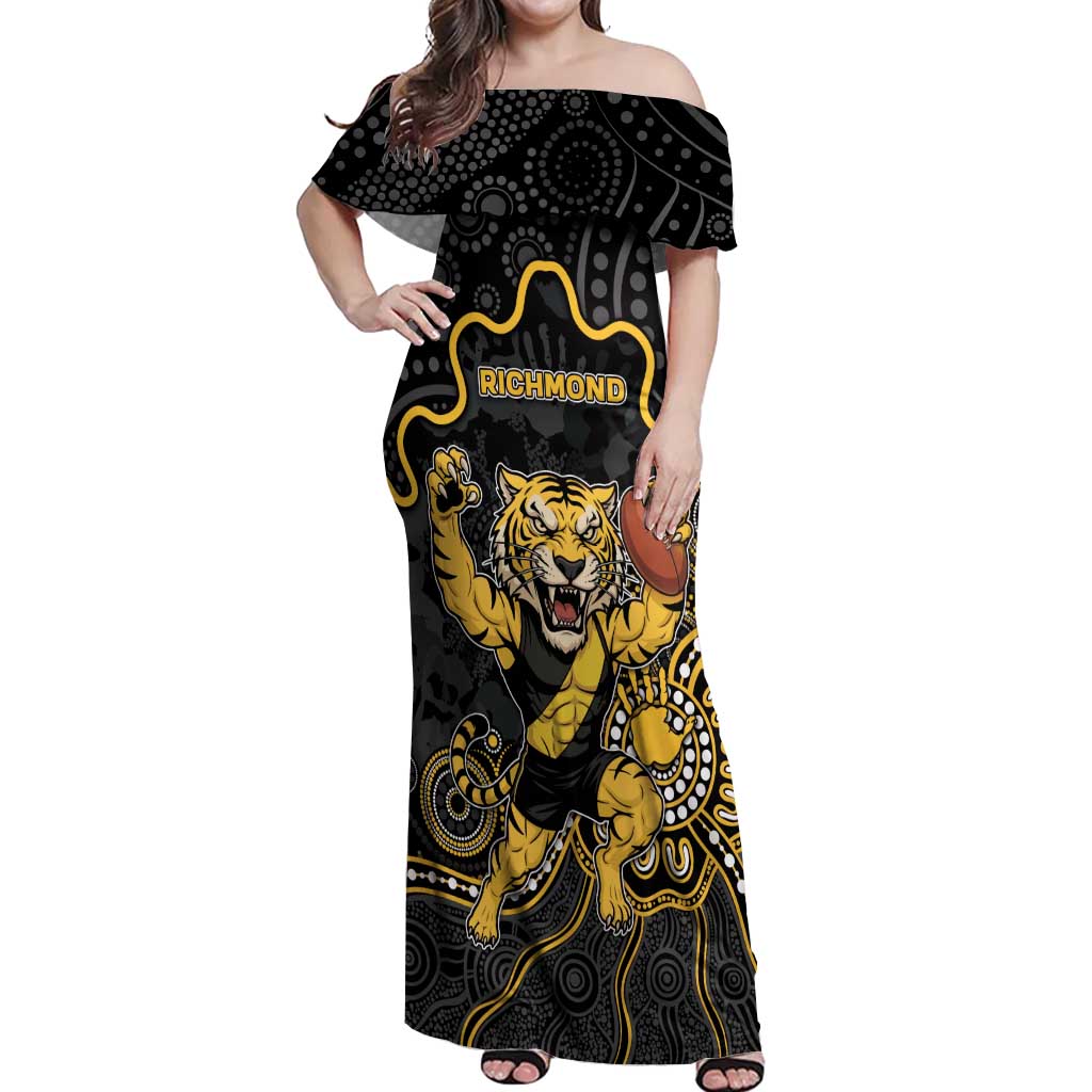 Custom Richmond Football Off Shoulder Maxi Dress Aboriginal Dot Art Pattern