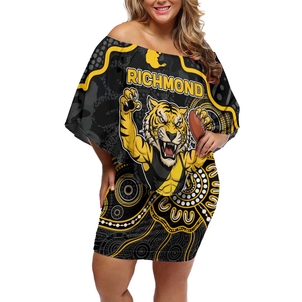 Custom Richmond Football Off Shoulder Short Dress Aboriginal Dot Art Pattern