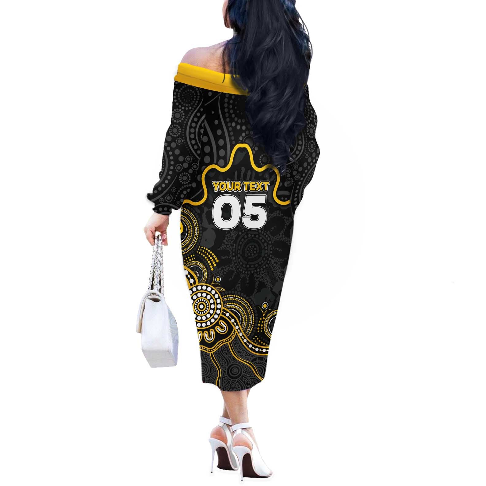 Custom Richmond Football Off The Shoulder Long Sleeve Dress Aboriginal Dot Art Pattern