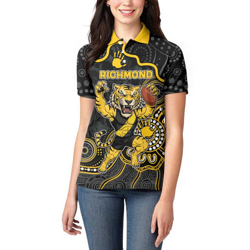Custom Richmond Football Women Polo Shirt Aboriginal Dot Art Pattern